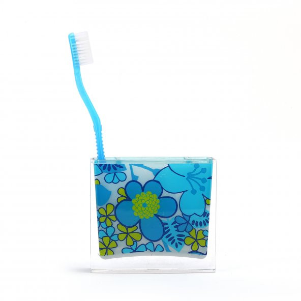 71452AB DİŞ FIRÇALIK MAVİ ÇİÇEKLİ AKRİLİK 10X10X3CM ürün görseli