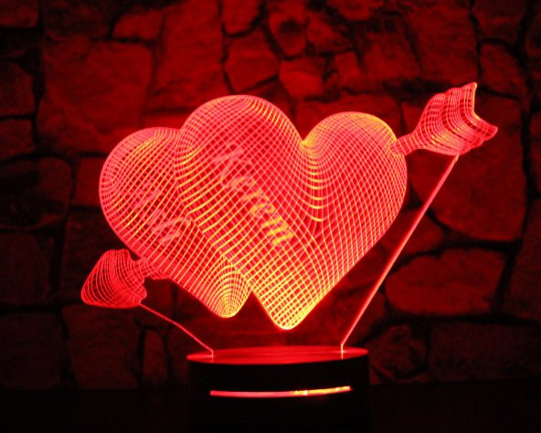 16 Renk - İsim Yazılı Kalp Tasarım 3D Led Lamba  Model - 3