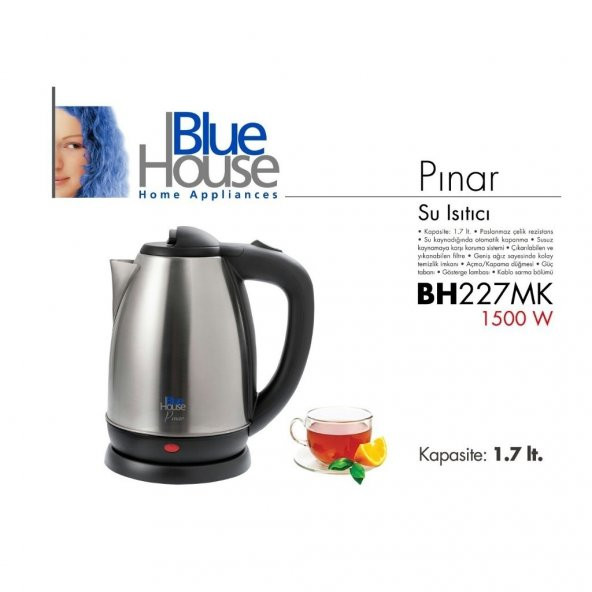 Blue House BH227MK Pınar Gizli Resitanslı Çelik Su Isıtıcı Kettle