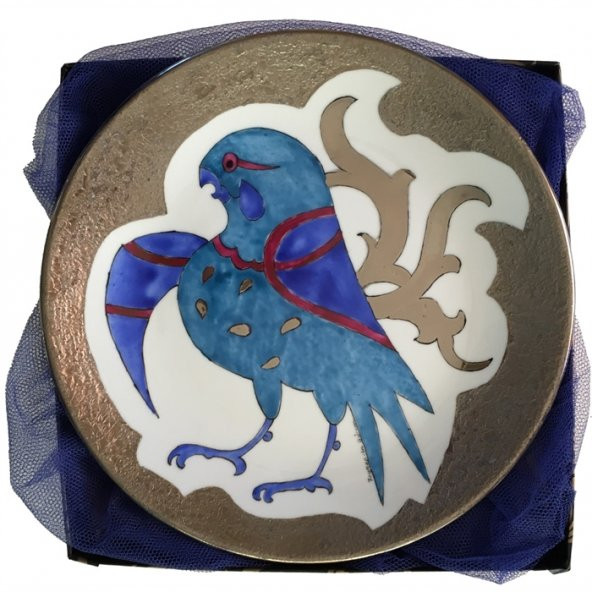 El Boyama Gümüş Süslemeli Porselen Tabak / Kuş