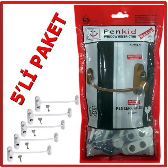 5 Adet Penkid Çelik Halatlı Pvc Pencere Çocuk Emniyet Kilidi Beyaz - 2