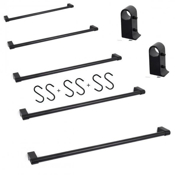 Mutfak Aksesuar Askı Borusu Set ve 6 Adet Kanca Set Siyah 40 cm - 2