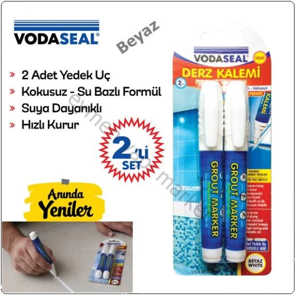 Vodaseal Fayans Derz Kalemi Yedek Uçlu Beyaz 2 li Set - 2