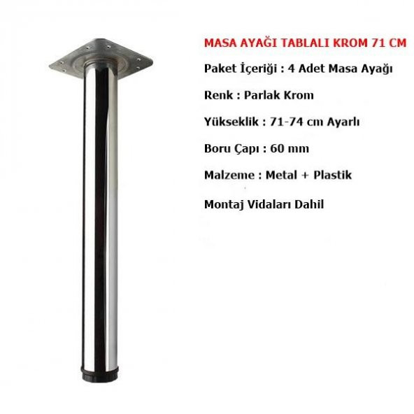 4 Adet Masa Ayağı 71 cm Ayarlı Krom Mobilya Ayak Çap : 60 mm - 2