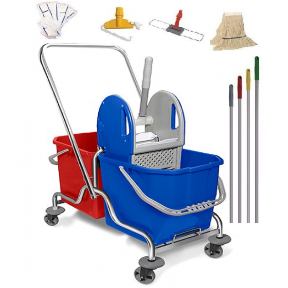 Safell Temizlik Arabası - Çift Kovalı Krom Full Temizlik Seti - 20 Lt - 6 Parça