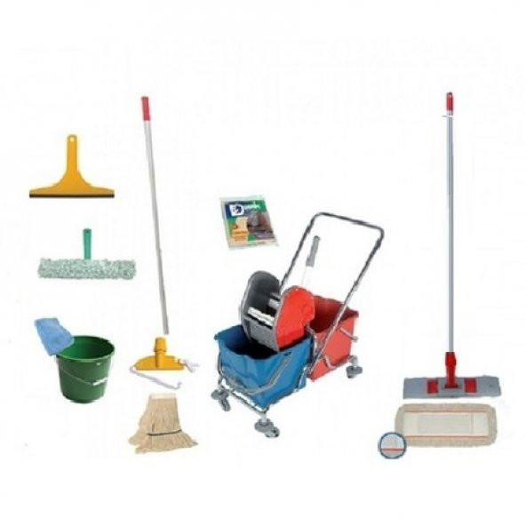 Safell Çift Kovalı Krom Temizlik Arabası Full Temizlik Seti 14 Parça