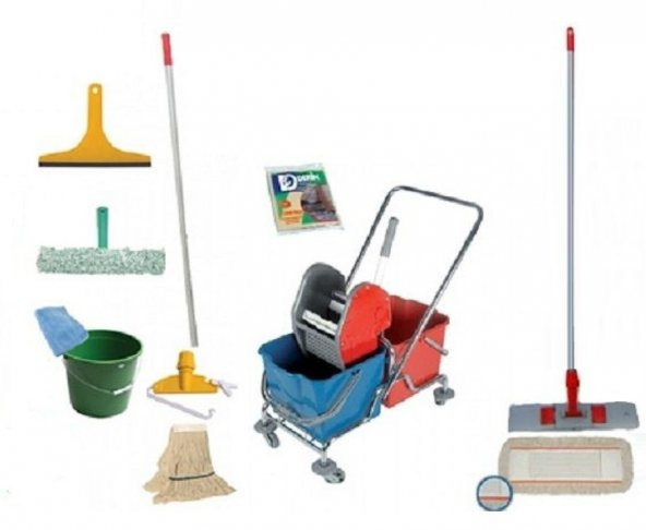 Safell Çift Kovalı Krom Temizlik Arabası - Full Temizlik Seti 25 L