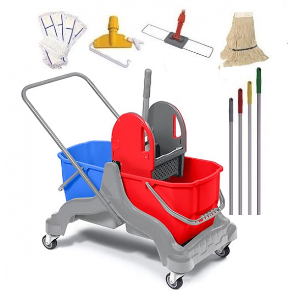 Safell Çift Kovalı Temizlik Arabası - Plastik Paspas Arabası Presli Full Set -25 L