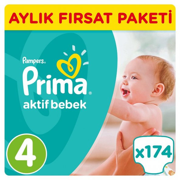 Prima Bebek Bezi Aktif Bebek 4 Beden Maxi Aylık Paket 174 Adet