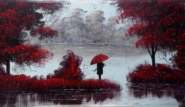 Yağmur & Kırmızı & Kız 70*130 cm Orijinal Yağlı Boya Tablo