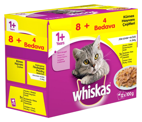Whiskas Kümes Hayvanı Çeşitleri Karışık Konserve Kedi Maması 12x100 gr (12li Paket)