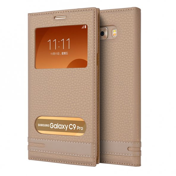 Microsonic Samsung Galaxy C9 Pro Kılıf Dual View Gizli Mıknatıslı Gold
