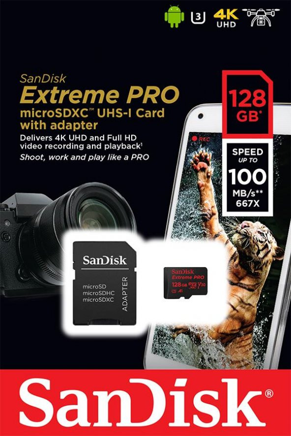 Sandisk Extreme Pro 128GB Micro SD Hafıza Kartı SDSQXCG-128G-GN6M