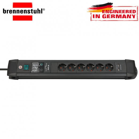 Brennenstuhl 2x USB 2.0 2100mAh Hızlı Şarj Özellikli 30.000 mAh 6&aposlı Akım Korumalı Uzatma Priz Siyah