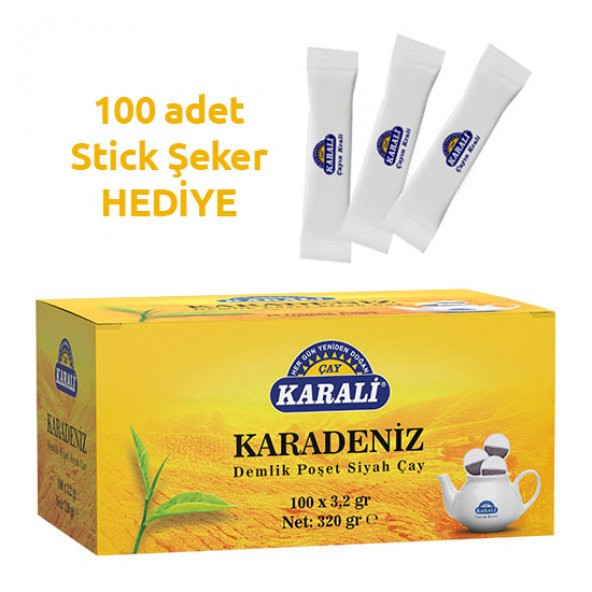 Karali Karadeniz Demlik Poşet Siyah Çay 100lü + 100 Stick Şeker Hediye