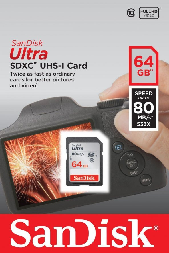 Sandisk Ultra 64GB SD Hafıza Kartı C10 UHS-I 80MB/s SDSDUNC