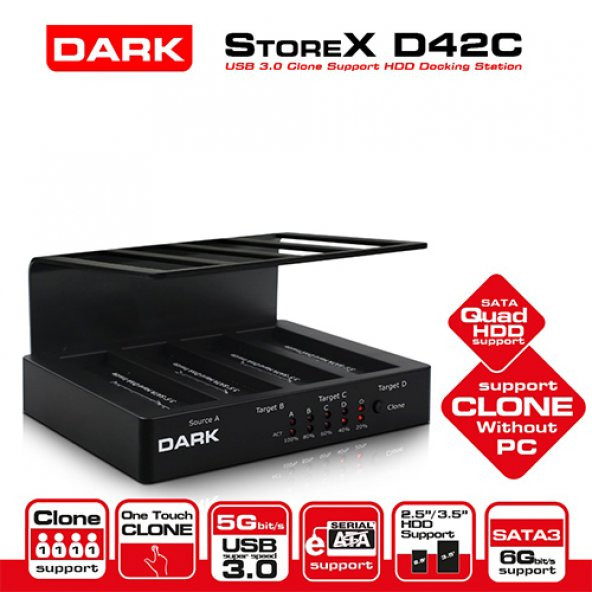 DARK 3.5/2.5 DK-AC-DSD42C (Tek Tuş Klonlama) 4 Disk Destekli Usb 3.0 Docking Station Siyah