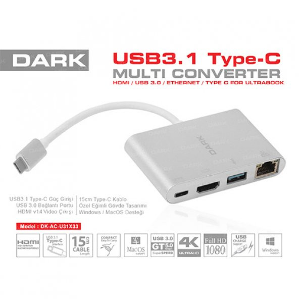 Dark DK-AC-U31X33 4 in 1 Gigabit Ethernet Girişli Usb3.1 Type C - Usb3.0 HDMI Dönüştürücü (4K UHD 6