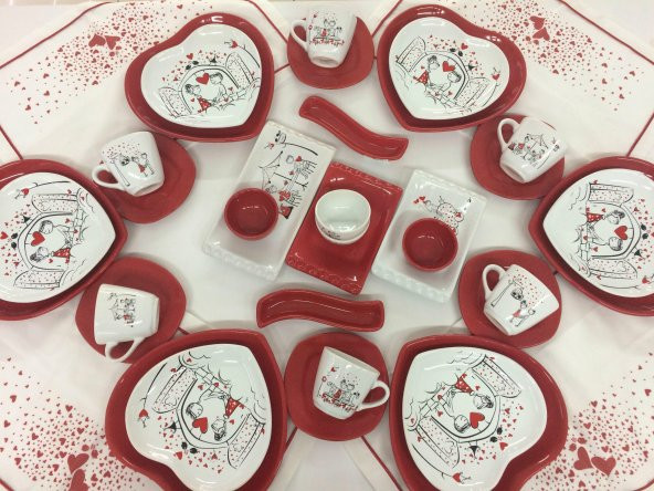 6 Kişilik Keramika Peri Maslı Kırmızı Kalp Kahvaltı Takımı