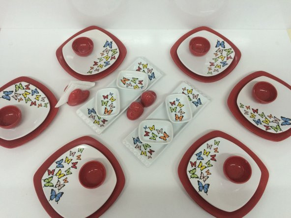 Keramika 27 Parça Kırmızı Kelebek Desenli Kahvaltı Takımı