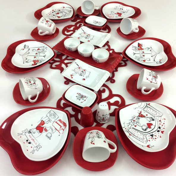 Keramika Kırmızı Kalp 36 Parça 6 Kişilik Kahvaltı Takımı