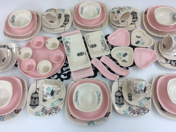 Keramika Retro Pembe Çeyiz Seti 6 Kişilik Kahvaltı / Yemek Takımı - 3