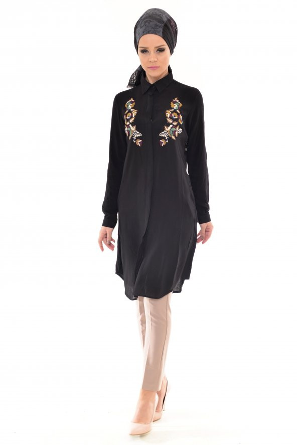 Eliza moda Nakışlı Tunik Siyah 0103-08 - 2