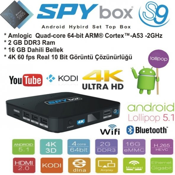 SPYbox S9 4K UHD ANDROİD UYDU ALICISI+1 YILLIK CCCAM HEDİYE