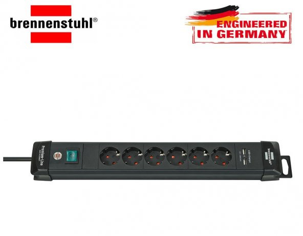 Brennenstuhl Premium Line – USB Şarj Fonksiyonlu 6 Soketli Siyah Uzatma Priz (3 Metre)