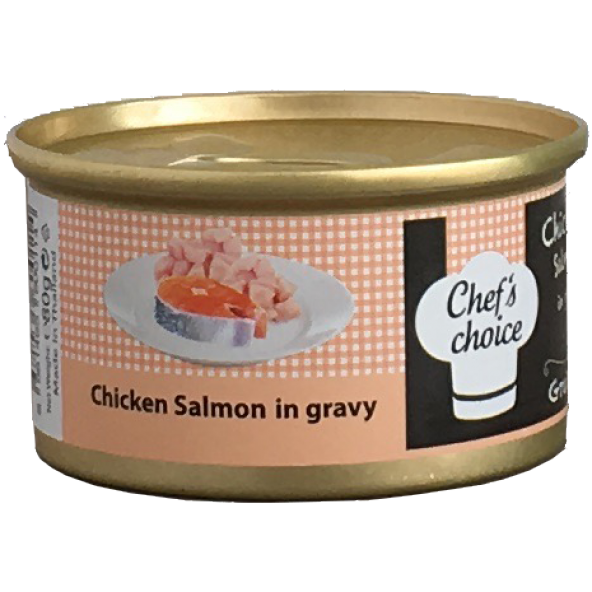 Chefs Choice Chicken With Salmon in Gravy Soslu Tavuk Eti ve Somonlu Tahılsız Kedi Konservesi 80Gr.