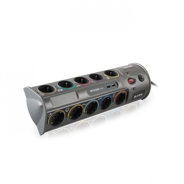 S-link Swapp SP10AF_USB 3.1A 1.8m 1.5mm2 10Lu Akım Kor. Gri + 2 Usb Port 3100mA 5V Priz