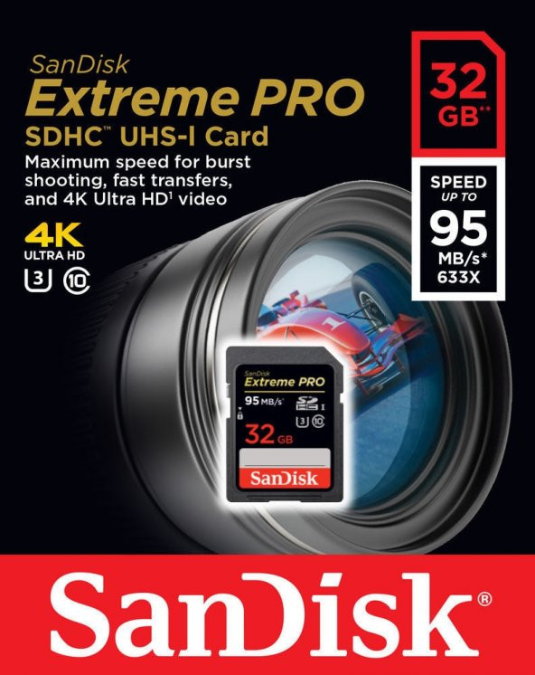 Sandisk Extreme PRO 32GB SD Hafıza Kartı 4K U3 V30 95MB/s 633x