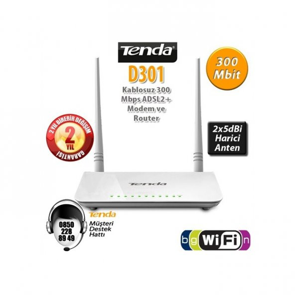 Tenda D301 4Port WiFi-N 300Mbps ADSL2+ Modem+USB