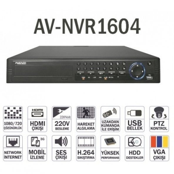 AVENiR IP 16kanal 5mp AV-NVR1604 4x 16tb NVR Kayıt Cihazı HDMI 10/100