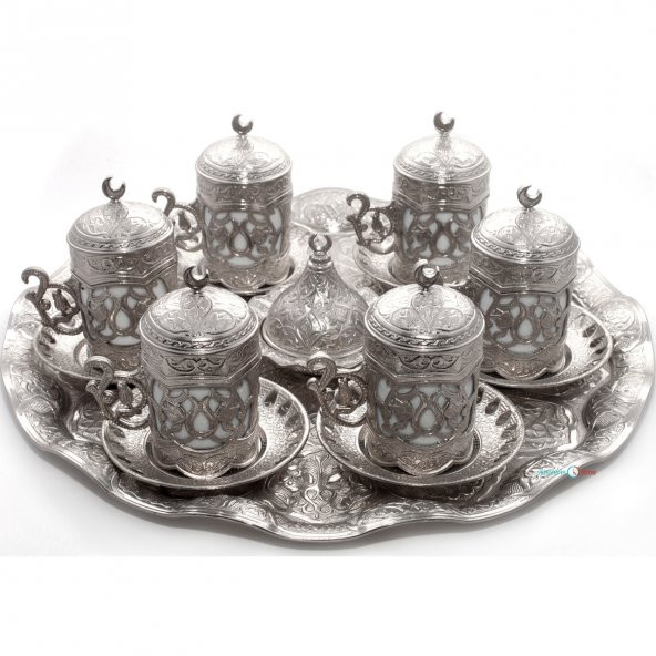 Sultan 6 Kişilik Kahve Seti (Tepsi ve Lokumluk Hediye) (Gri)