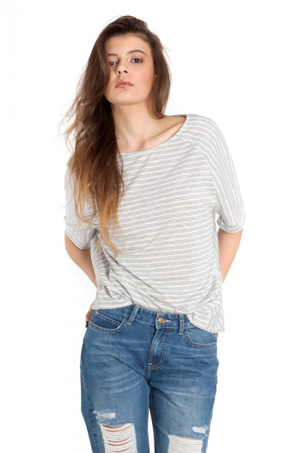 Heidi -  Melanj Beyaz Çizgili Oversize Tişört