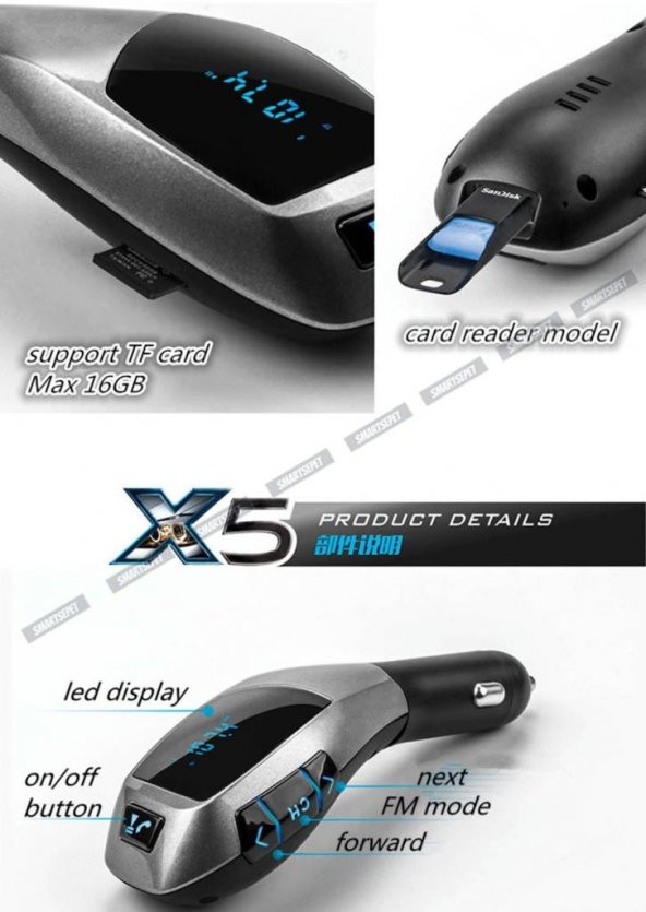 X5 Wifi Bluetooth Araç Kiti Fm USB Girişli FM Transmitter - 6