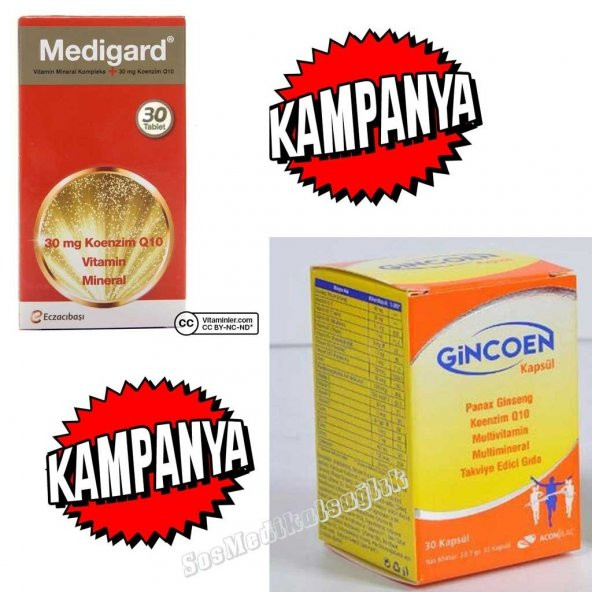 Gincoen 30 kapsül Koenzim Q10 + Medigard Vitamin Mineral 30 tab.