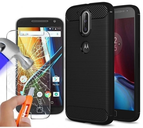 Motorola Moto G4 Plus Hybrid Silikon Kılıf + KIRILMAZ CAM SİYAH