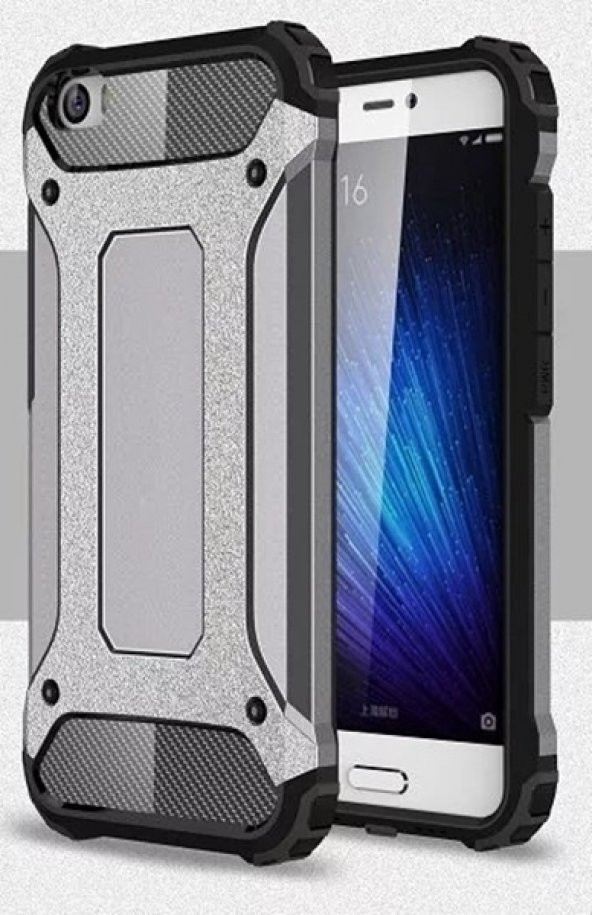 Xiaomi Mi5 Kılıf Armor Sert Silikon Koruma Gümüş Kırılmaz Cam
