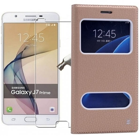 Samsung Galaxy J7 Prime Kılıf Kapaklı Gold Kırılmaz Cam