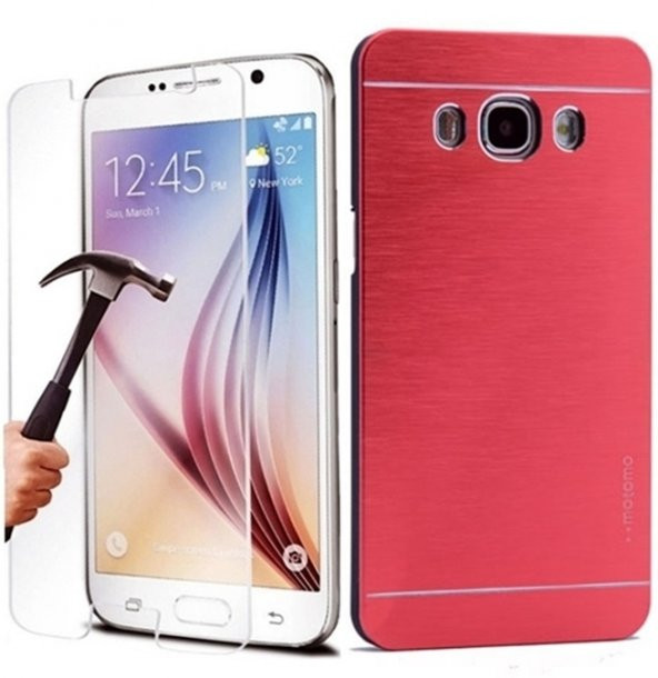 Samsung J7 J710 2016 Kılıf Metal Motomo Kırmızı KIRILMAZ CAM