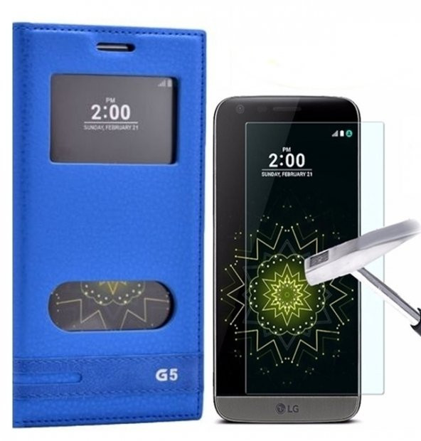 LG G5 Kılıf Gizli Mıknatıslı Pencereli Mavi Kırılmaz Cam Hediye