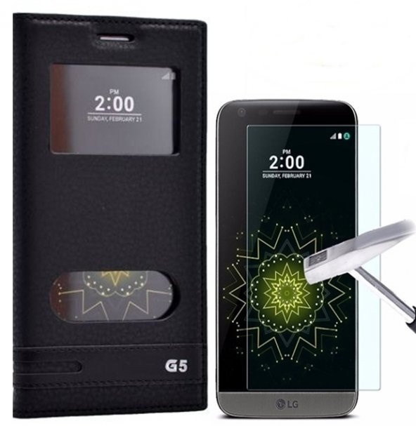LG G5 Kılıf Gizli Mıknatıslı Pencereli Siyah Kırılmaz Cam Hediye