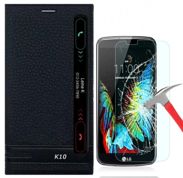 LG K10 Kılıf Magnum Pencereli Siyah + Kırılmaz Cam