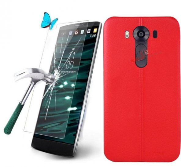 LG V10 Kılıf Silikon Kırmızı Ultra İnce + Kırılmaz Cam