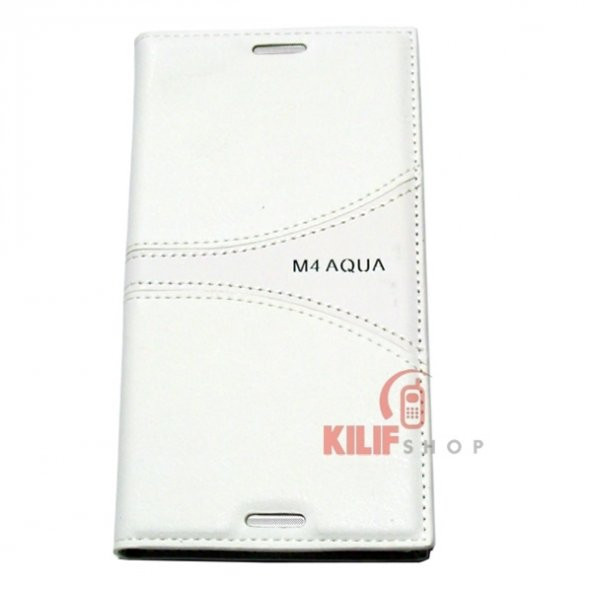 Sony Xperia M4 Aqua Kılıf Flip Cover Beyaz 2xFilm