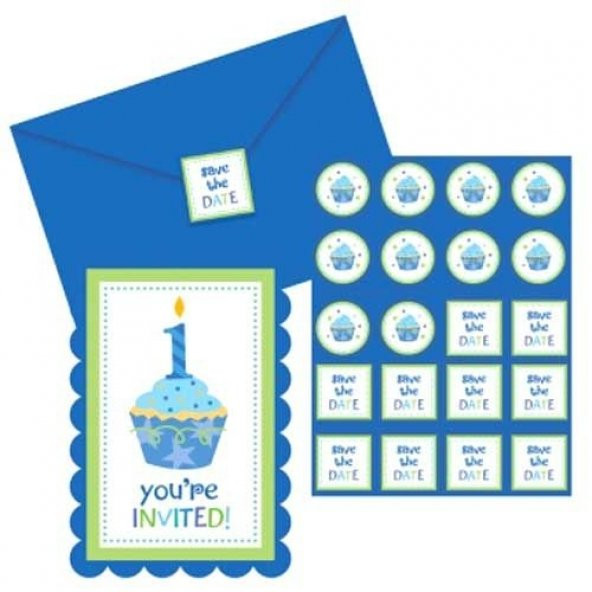 1 Yaş 8 zarf+8 davetiye+16 sticker İngilizce Mavi Parti Kartı