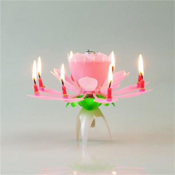 1 Adet Pembe Müzikli Pasta Mumu Çiçek Şeklinde Açılan Pembe Doğum Günü Mumları