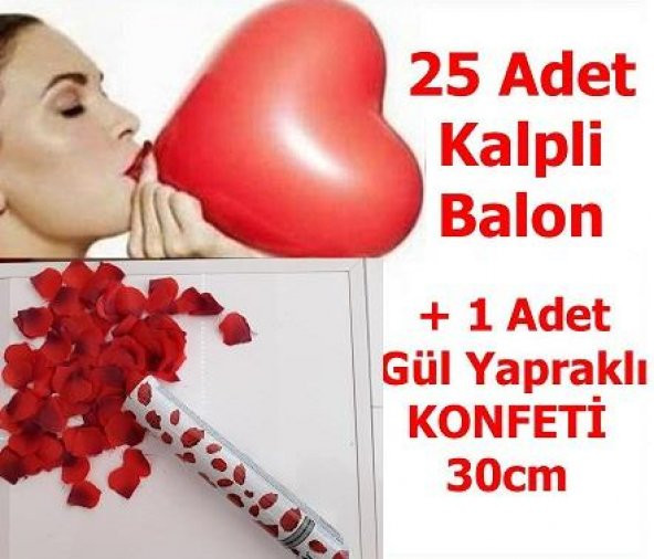 Sevgiliye Sürpriz Doğum Günü 25 Kalp Balon + 30 cm Gül Konfeti